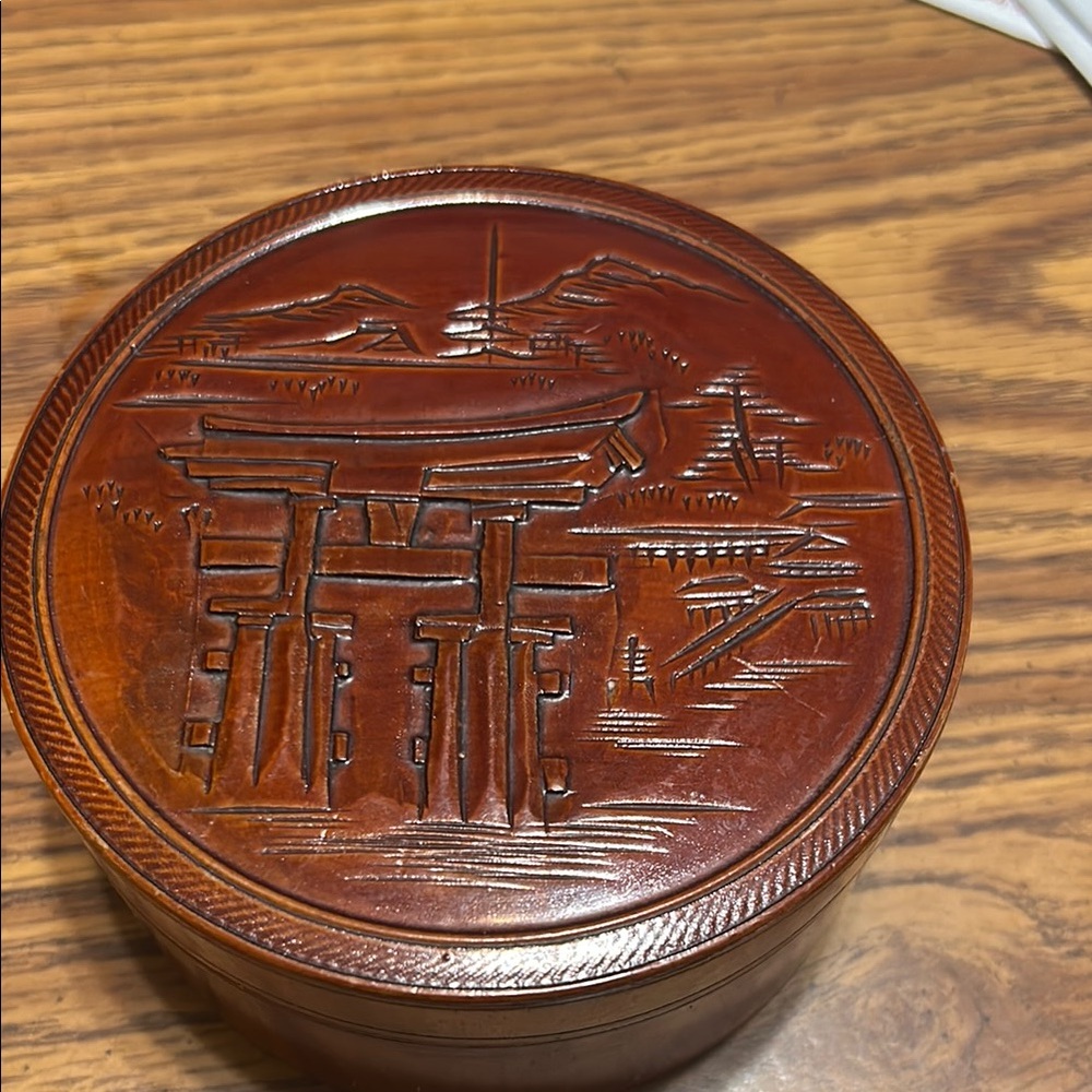 Round Carved Japanese Wooden Box 4 1/2” x 2”